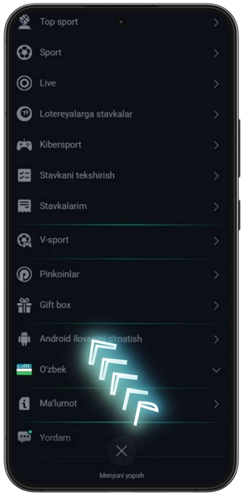 Pinup "Android ilovasini o'rnatish" bo'limini tanlang
